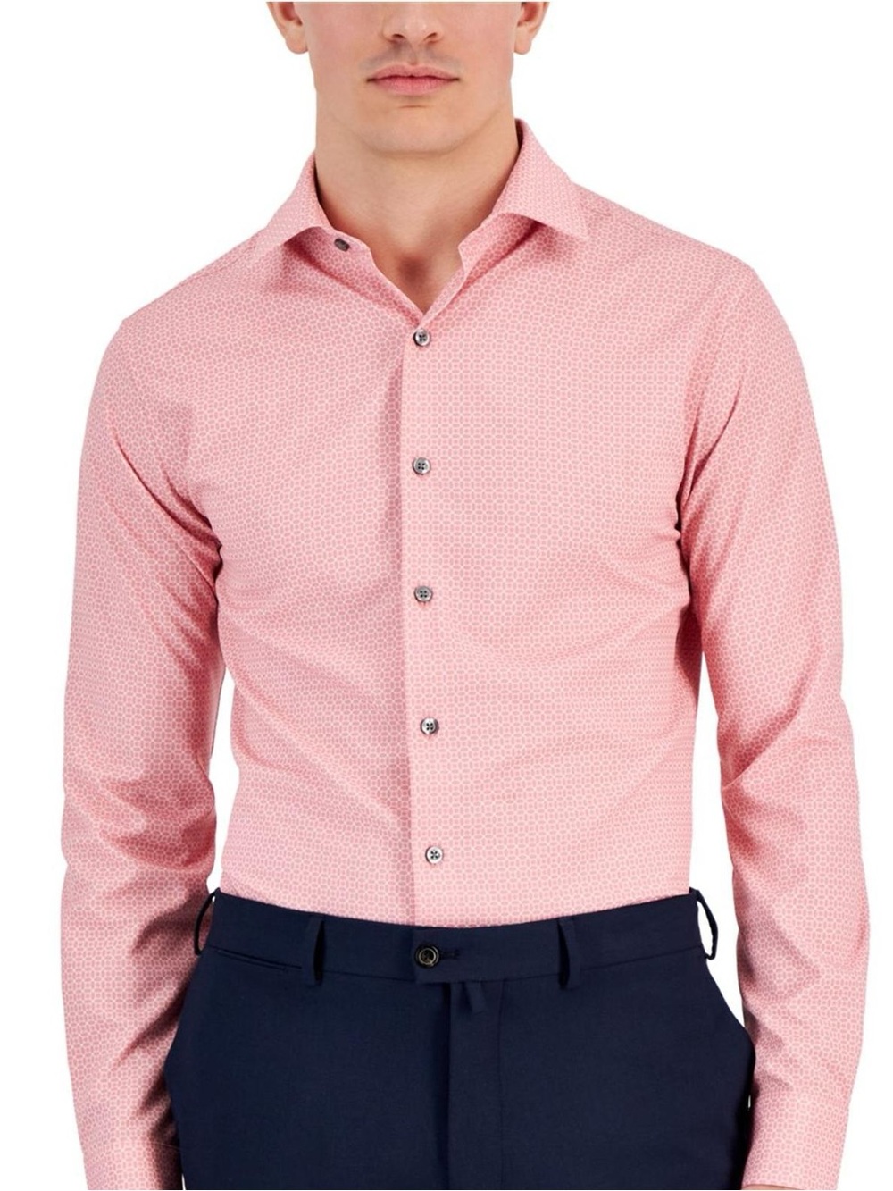 Alfani Alfatech Mens Dress Shirt Pink Geometric Slim Fit 16-16.5 34-35 Stretch